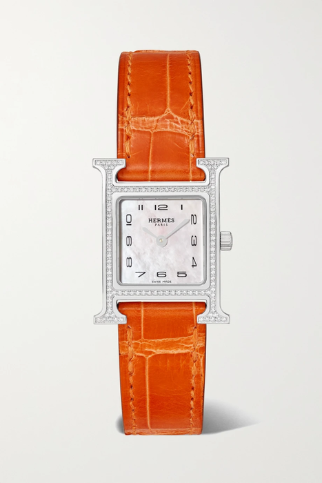 유럽직배송 HERMÈS TIMEPIECES Heure H 21mm small stainless steel, alligator, diamond and mother-of-pearl watch 25185454456475374
