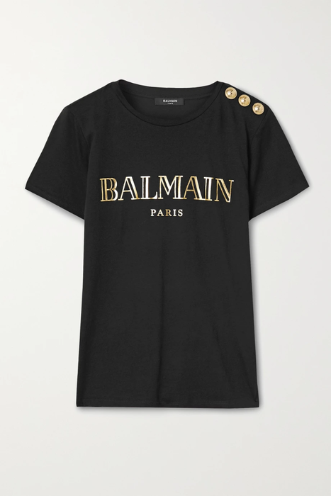유럽직배송 발망 BALMAIN Button-embellished printed cotton-jersey T-shirt 24092600056996819