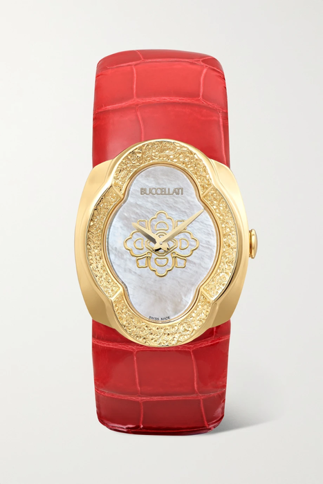 유럽직배송 부첼라티 BUCCELLATI Opera 28mm 18-karat gold, alligator and mother-of-pearl watch 19971654707522940