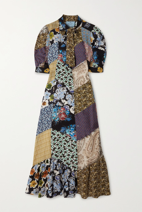 유럽직배송 프라다 PRADA Pussy-bow patchwork printed silk-blend crepe midi dress 31432202865463383