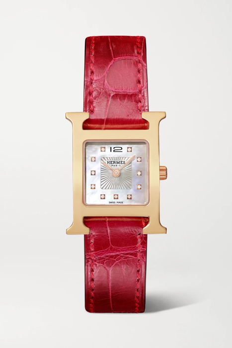 유럽직배송 HERMÈS TIMEPIECES Heure H 21mm small rose gold-plated, alligator, mother-of-pearl and diamond watch 25185454456521523