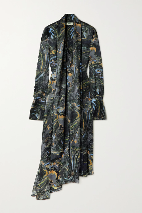 유럽직배송 펜디 FENDI Asymmetric belted printed silk-crepe midi dress 24772899113410901