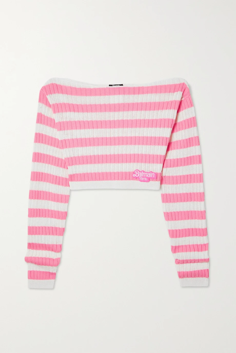 유럽직배송 발망 스웨터 BALMAIN + Barbie off-the-shoulder cropped striped ribbed-knit sweater 22250442026119238