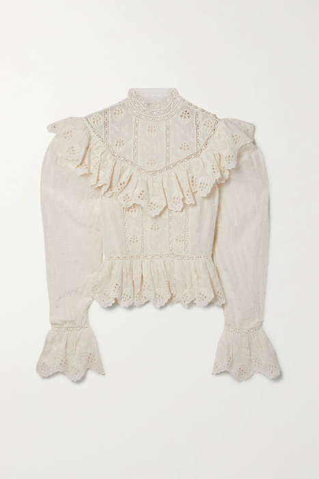유럽직배송 울라존슨 블라우스 ULLA JOHNSON Emmanuelle crochet-trimmed broderie anglaise cotton and silk-blend blouse 24772899113142055
