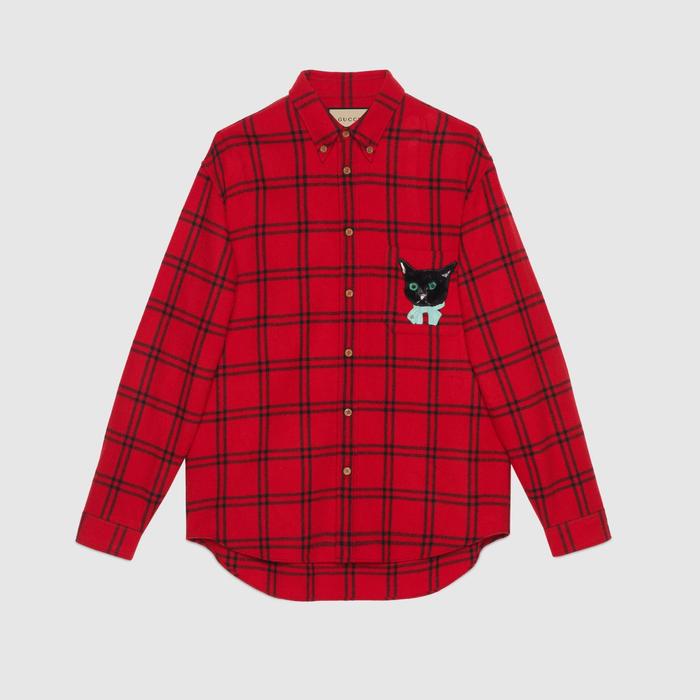 유럽직배송 구찌 GUCCI Gucci - Check wool shirt with Gucci cat patch 663380ZAHB16153