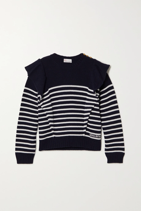 유럽직배송 레드발렌티노 스웨터 REDVALENTINO Maglia button-embellished ruffled striped knitted sweater 25185454456205708