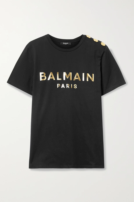 유럽직배송 발망 BALMAIN Button-embellished printed cotton-jersey T-shirt 2204324138671226