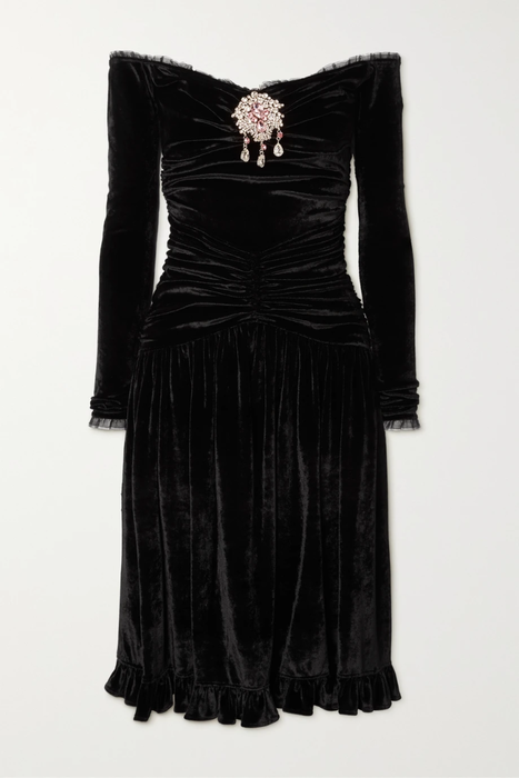 유럽직배송 파코라반 PACO RABANNE Off-the-shoulder crystal-embellished lace-trimmed velvet midi dress 11452292646929843