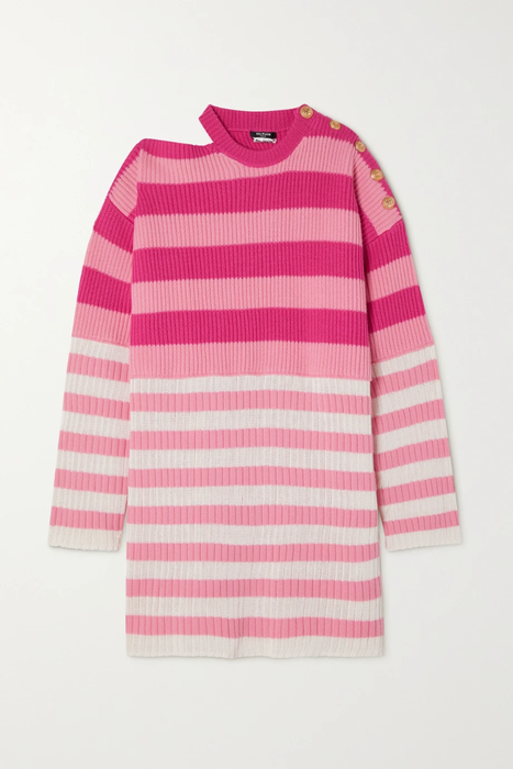 유럽직배송 발망 원피스 BALMAIN + Barbie cold-shoulder button-embellished striped wool-blend dress 22250442026119195