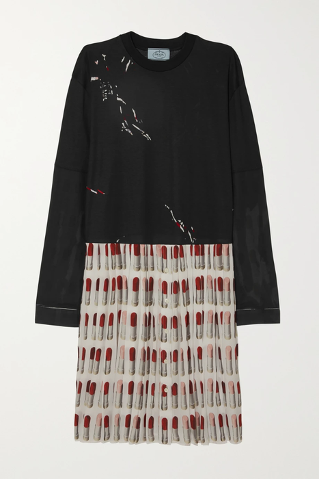 유럽직배송 프라다 PRADA Printed cotton-jersey and pleated silk crepe de chine dress 1890828707118390