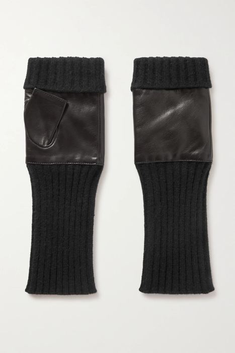 유럽직배송 PORTOLANO Leather-trimmed ribbed cashmere fingerless gloves 20346390236418233