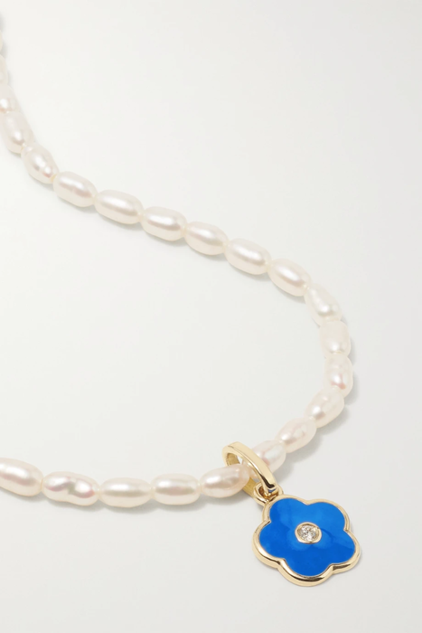 유럽직배송 앨리슨루 목걸이 ALISON LOU Flower Power 14-karat gold, pearl, enamel and diamond necklace 27086482324692885