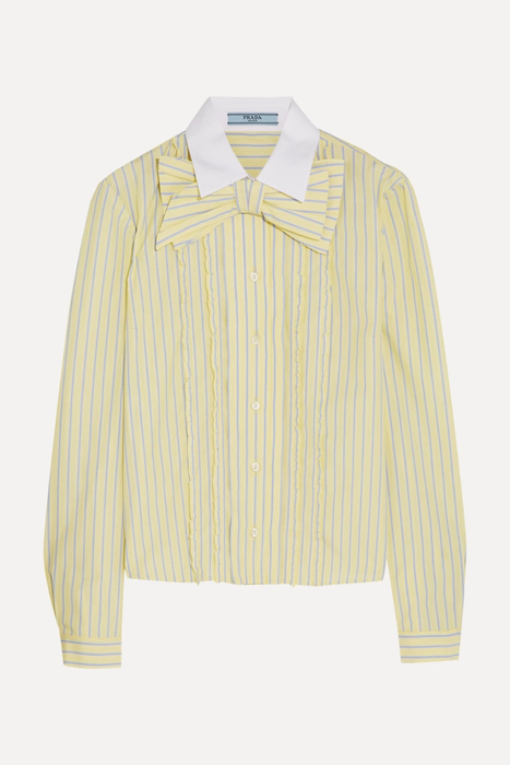 유럽직배송 프라다 PRADA Bow-embellished ruffled striped cotton shirt 2499567819045327