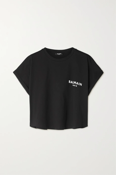 유럽직배송 발망 티셔츠 BALMAIN Cropped flocked cotton-jersey T-shirt 33258524072087590