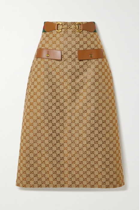 유럽직배송 구찌 스커트 GUCCI Aria embellished leather-trimmed printed cotton-blend canvas midi skirt 29419655932642536