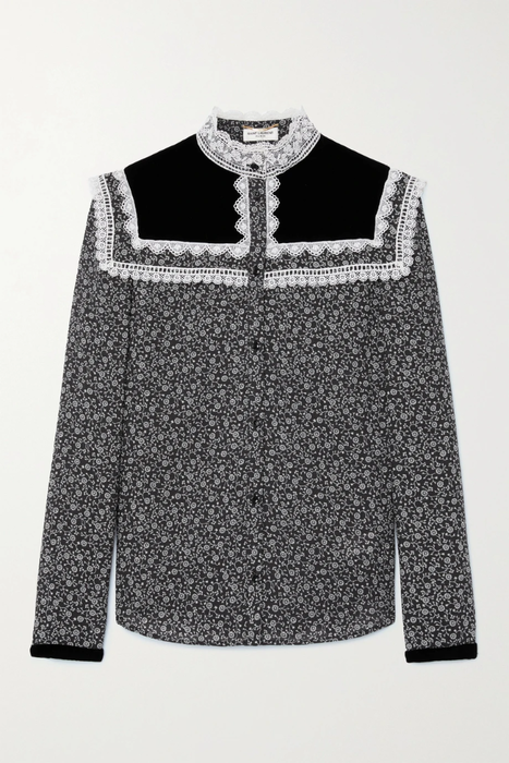 유럽직배송 생로랑 블라우스 SAINT LAURENT Lace-trimmed velvet and floral-print wool-twill blouse 38063312419811911