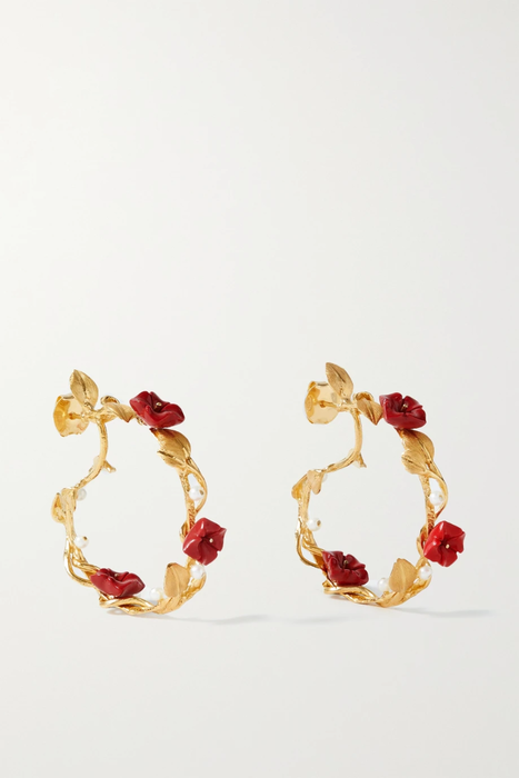 유럽직배송 OF RARE ORIGIN Flower Whirl gold vermeil, coral and pearl earrings 34344356237061771