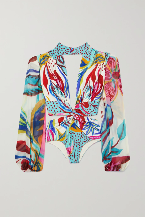 유럽직배송 PATBO Flora chiffon-paneled cutout printed swimsuit 25185454455615360