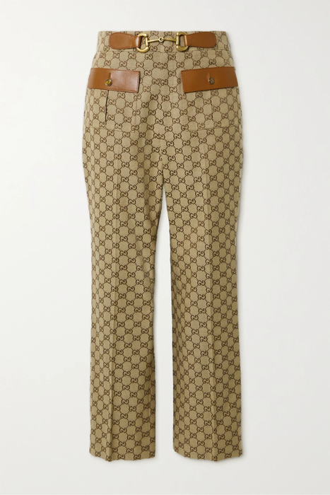 유럽직배송 구찌 팬츠 GUCCI Leather-trimmed cotton-blend canvas-jacquard flared pants 29419655932641908