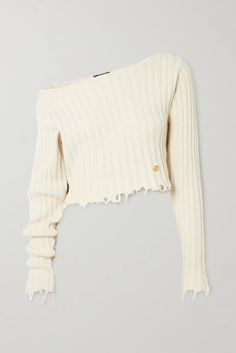 유럽직배송 발망 스웨터 BALMAIN Off-the-shoulder distressed ribbed cotton-blend sweater 22250442026122473