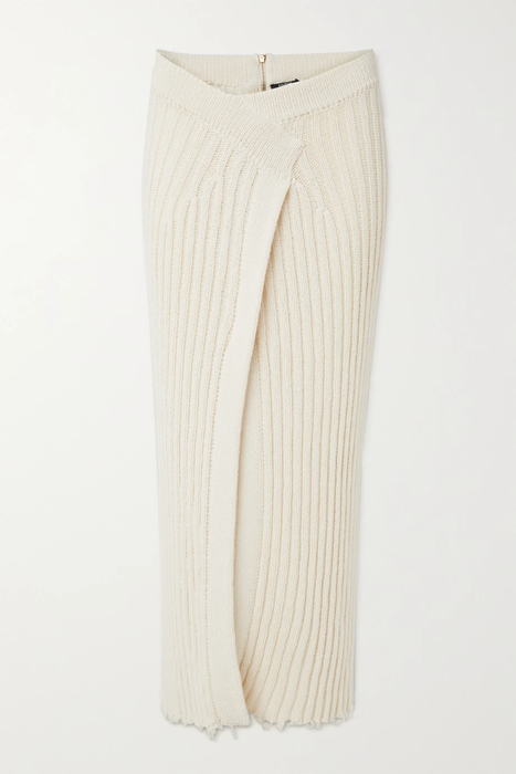 유럽직배송 발망 스커트 BALMAIN Distressed wrap-effect ribbed cotton-blend midi skirt 22250442026129702