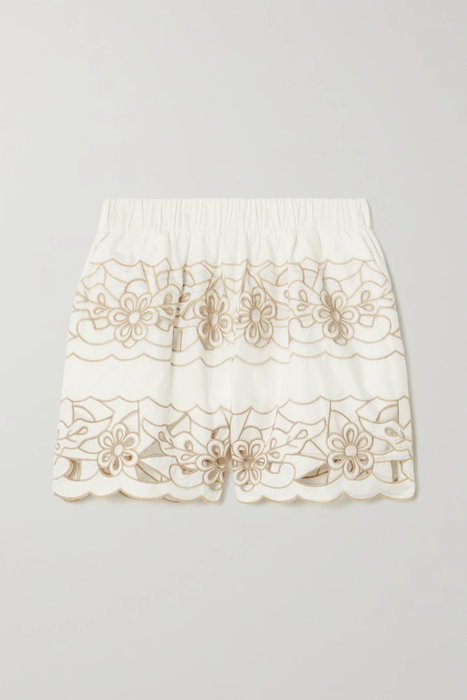 유럽직배송 레드발렌티노 REDVALENTINO Embroidered cutout cotton-blend poplin shorts 33258524072831984