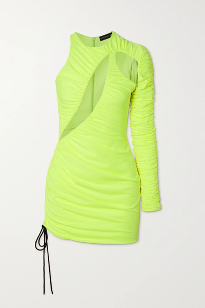 유럽직배송 데이비드코마 미니원피스 DAVID KOMA One-sleeve tulle-paneled neon stretch-jersey mini dress 33258524072017978