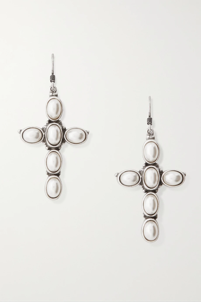 유럽직배송 생로랑 귀걸이 SAINT LAURENT Clover Cross silver-tone faux pearl earrings 29419655932115066