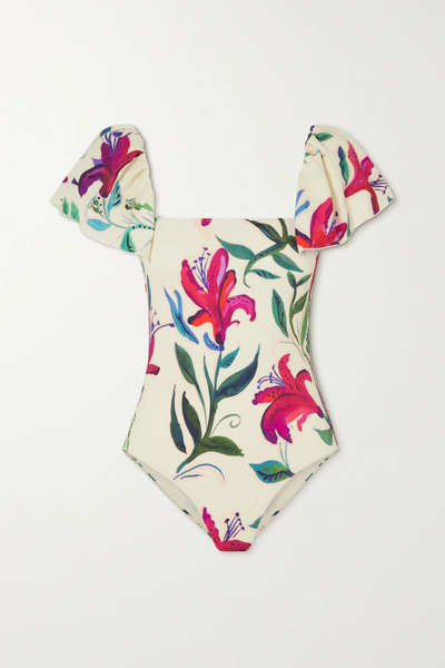 유럽직배송 라더블제이 LA DOUBLEJ Scarlett open-back ruffled floral-print stretch-piqué swimsuit 34344356236743426