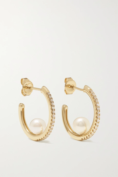 유럽직배송 미즈키 귀걸이 MIZUKI 14-karat gold, diamond and pearl hoop earrings 36856120585520362