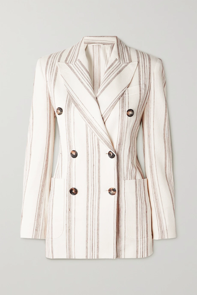 유럽직배송 막스마라 블레이저 MAX MARA Alloro double-breasted striped cotton and linen-blend blazer 29419655932408357