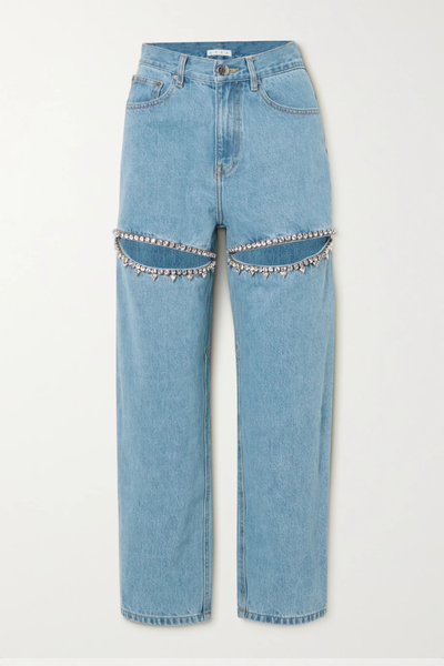 유럽직배송 아레아 청바지 AREA Cutout crystal-embellished distressed high-rise slim-leg jeans 32027475400326905