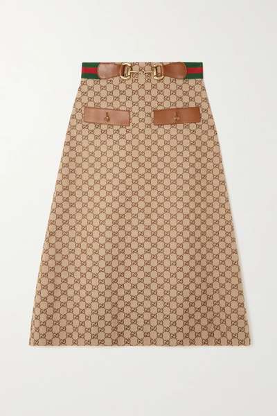 유럽직배송 구찌 스커트 GUCCI Belted leather-trimmed cotton-blend canvas-jacquard midi skirt 29419655932642766