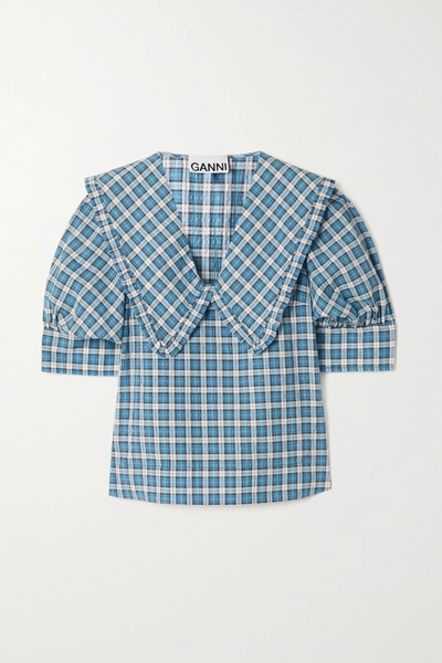 유럽직배송 가니 GANNI Ruffled checked organic cotton-blend seersucker blouse 29419655932382770