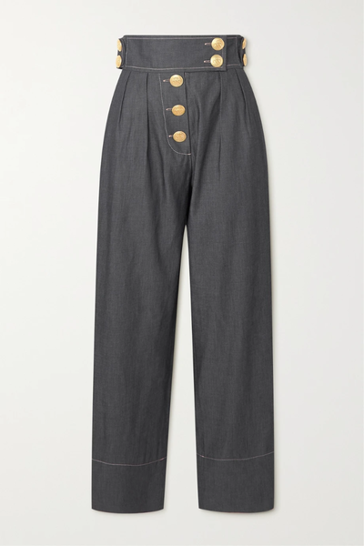 유럽직배송 ANNA MASON Karl pleated cotton-chambray straight-leg pants 25185454456204929