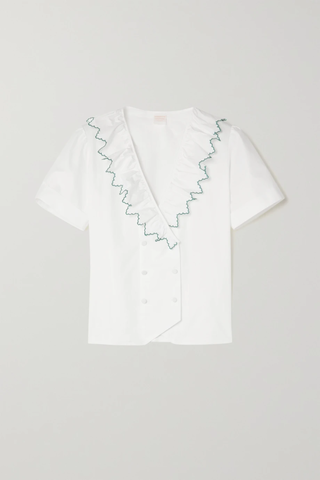 유럽직배송 로레타카포니 셔츠 LORETTA CAPONI Perla double-breasted scalloped cotton-poplin shirt 33258524072785550