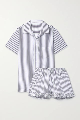 유럽직배송 POUR LES FEMMES Ruffled striped cotton pajama set 42247633208075135