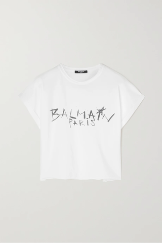 유럽직배송 발망 티셔츠 BALMAIN Cropped printed cotton-jersey T-shirt 38063312419790789