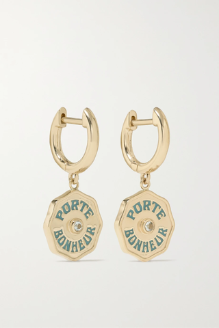 유럽직배송 MARLO LAZ Wee Porte Bonheur 14-karat gold, enamel and aquamarine hoop earrings 1647597280487505