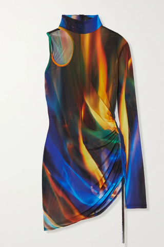 유럽직배송 데이비드코마 미니원피스 DAVID KOMA One-sleeve asymmetric ruched printed stretch-mesh mini dress 42247633208572009