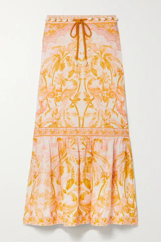 유럽직배송 짐머만 스커트 ZIMMERMANN Lyre belted tiered shell-embellished printed linen midi skirt 42247633207928186