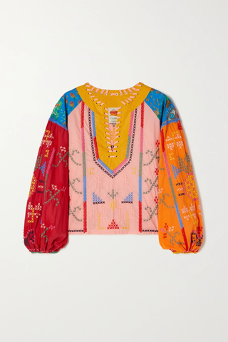 유럽직배송 팜리오 블라우스 FARM RIO Whipstitched color-block cotton-poplin blouse 42247633207906547