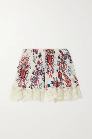 유럽직배송 파코라반 PACO RABANNE Lace-trimmed floral-print plissé-crepe de chine shorts 46376663162392885