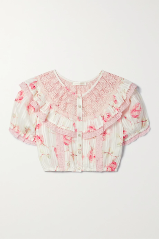 유럽직배송 러브샤크팬시 LOVESHACKFANCY Elania cropped lace- and crochet-trimmed floral-print cotton-voile top 42247633207906545