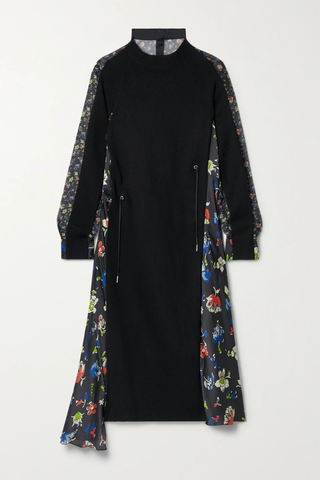 유럽직배송 사카이 원피스 SACAI Paneled wool and floral-print satin midi dress 42247633209245585