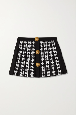 유럽직배송 발망 미니스커트 BALMAIN Button-embellished pleated houndstooth jacquard-knit mini skirt 38063312419790832