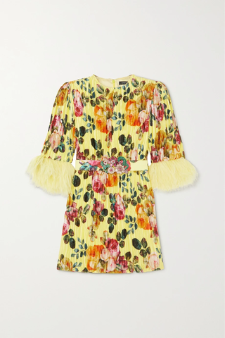 유럽직배송 앤드류지엔 미니원피스 ANDREW GN Feather-trimmed floral-print plissé silk-satin mini dress 45666037504881831