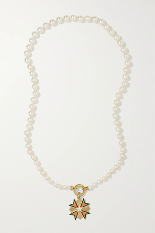 유럽직배송 STORROW Emmeline 14-karat gold, enamel, pearl and quartz necklace 45666037504154774